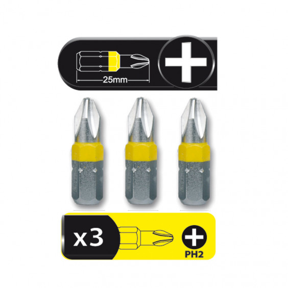 Jeu de 3 Embouts Cruciforme PH2 x25mm FEROCE