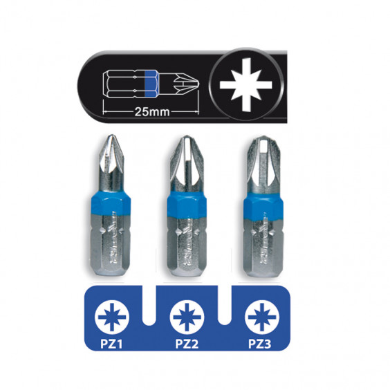 Jeu de 3 Embouts Pozidriv PZ1 PZ2 PZ3 x25mm FEROCE