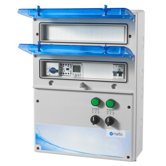 Coffret Electrique Piscine Filtration - Horloge Électronique - Protection Electrique Pompe à Chaleur -1 Circuit Eclairage 100W -