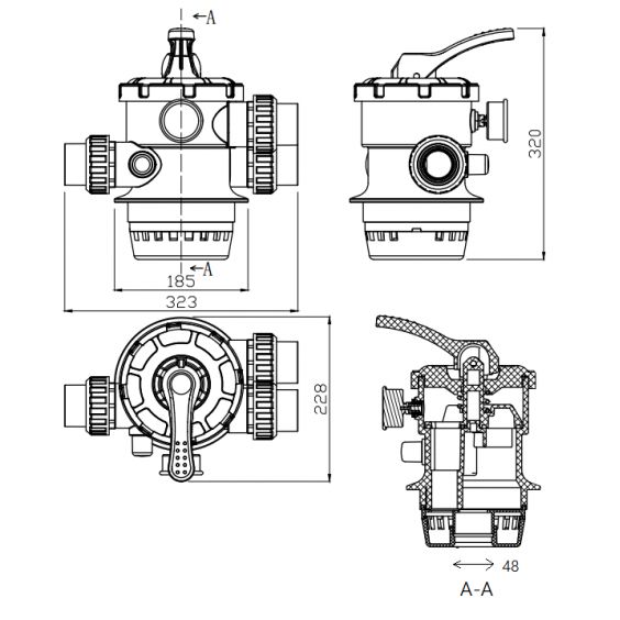 Vanne 1,5" Top 6 voies + 3 Connecteurs Ø50mm