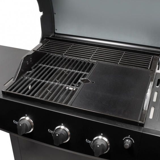 Barbecue gaz 4 brûleurs dont 1 latéral avec plancha et grille de cuisson+ Ustensiles+ Pics à Brochettes+ Sauces+ Poêle offerte