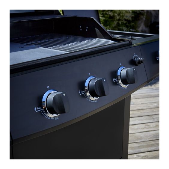 Barbecue gaz ROSTER 4 brûleurs dont 1 latéral avec plancha et grille de cuisson combinées