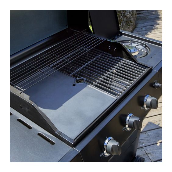 Barbecue gaz ROSTER 4 brûleurs dont 1 latéral avec plancha et grille de cuisson combinées