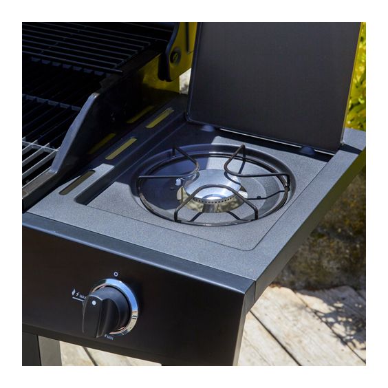 Barbecue gaz ROSTER 4 brûleurs dont 1 latéral avec plancha et grille de cuisson combinées