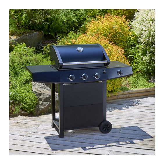 Barbecue gaz ROSTER 4 brûleurs dont 1 latéral avec plancha et grille de cuisson combinées