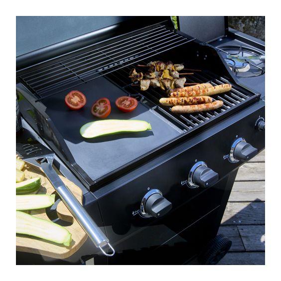 Barbecue gaz ROSTER 4 brûleurs dont 1 latéral avec plancha et grille de cuisson combinées