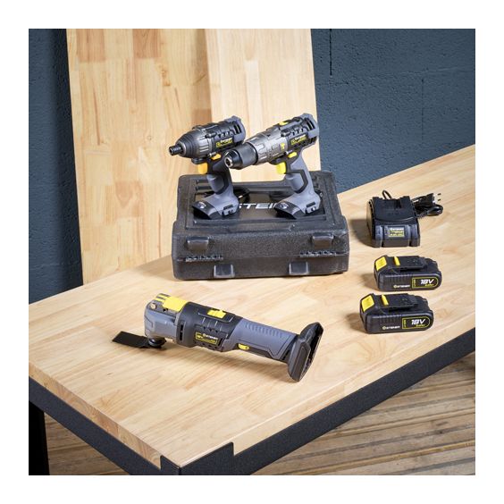 Pack sans fil 18V Perceuse à percussion + Visseuse à choc + Outil multifonction + 2 Batteries + 1 chargeur STEINER