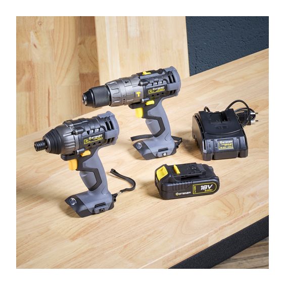 Pack sans fil 18V Perceuse à percussion + Visseuse à choc + 1 Batterie + 1 chargeur STEINER