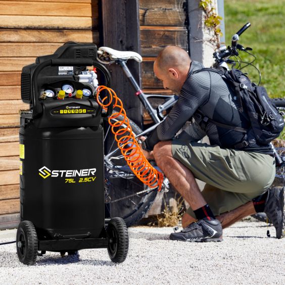 Compresseur Vertical 75L 2.5CV KORMAN + Enrouleur Automatique de Tuyau d'Air Comprimé 9M