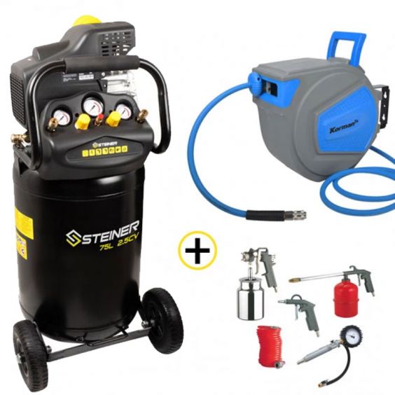 Compresseur Vertical Coaxial 75L 2.5CV + Enrouleur Automatique de Tuyau D’Air Comprimé 9M + Kit Pneumatique 5 pièces KORMAN TX