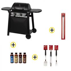 Pack Barbecue Gaz 2 Brûleurs Grill, Ustensiles, Brochettes et Sauces ROSTER