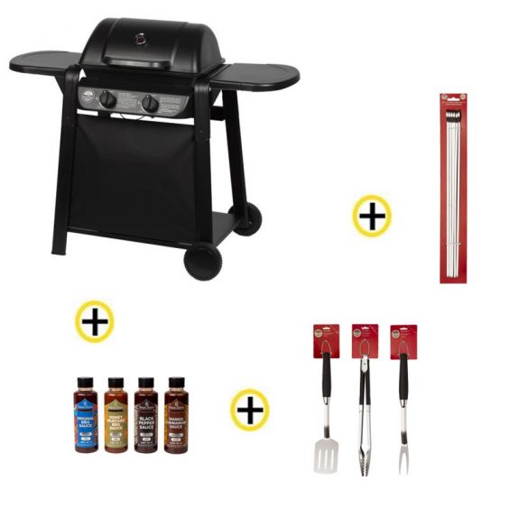 Pack Barbecue Gaz 2 Brûleurs Grill, Ustensiles, Brochettes et Sauces ROSTER