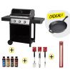 Barbecue gaz ROSTER 3 brûleurs plancha intégrale + Ustensiles + Pics à Brochettes + Sauces + poêle OFFERTE