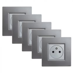 Lot 5 Prises Murales Affleurantes 16A Complètes Gris Alu NOANE