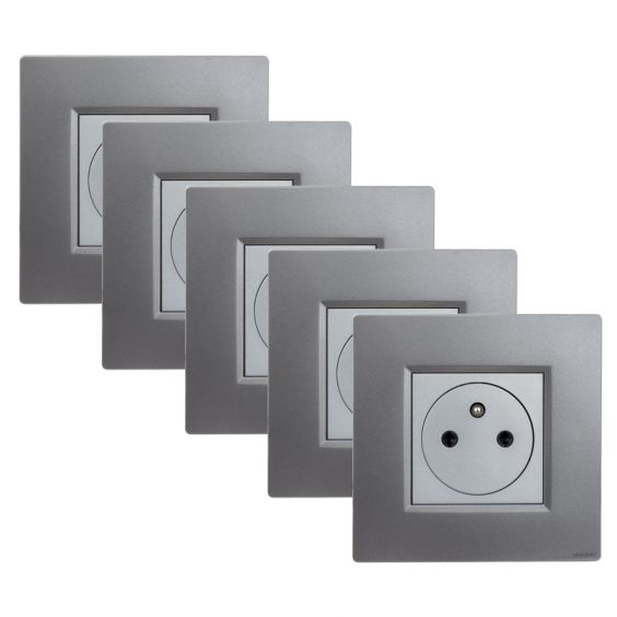 Lot 5 Prises Murales Affleurantes 16A Complètes Gris Alu NOANE