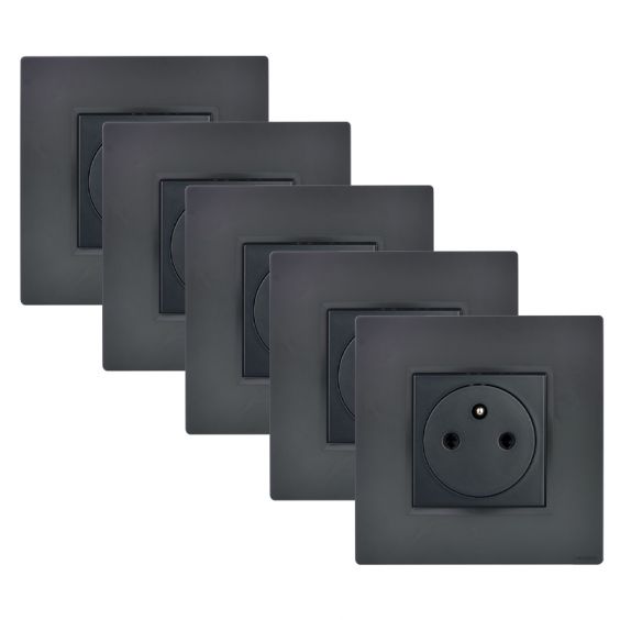 Lots de 5 Prises Murales Affleurantes 2P+T 16A Complète Anthracite NOANE